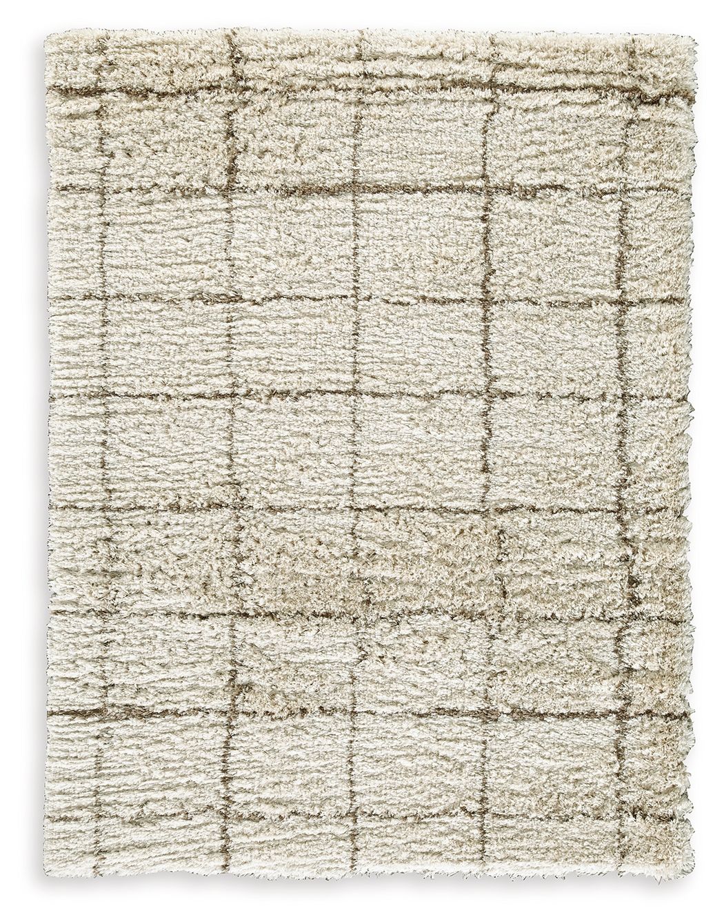 Beige shag rug with dark grid pattern, textured loop pile