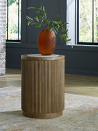 Round end table with fluted light brown sides and white round top