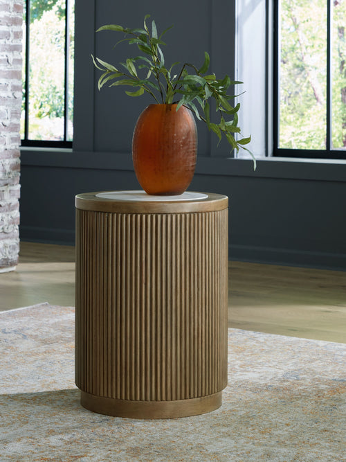 Round end table with fluted light brown sides and white round top