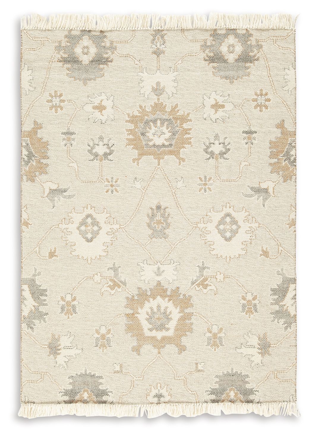 Beige rug with subtle ornate motifs and fringed border, wide view