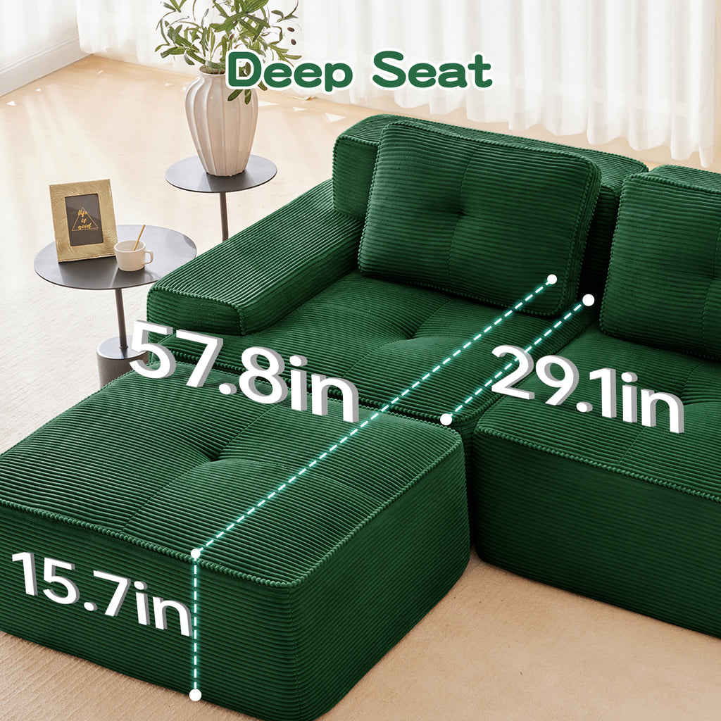 Green corduroy sectional sofa with deep seat, rounded arms, and back cushions