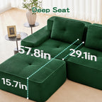 Green corduroy sectional sofa with deep seat, rounded arms, and back cushions
