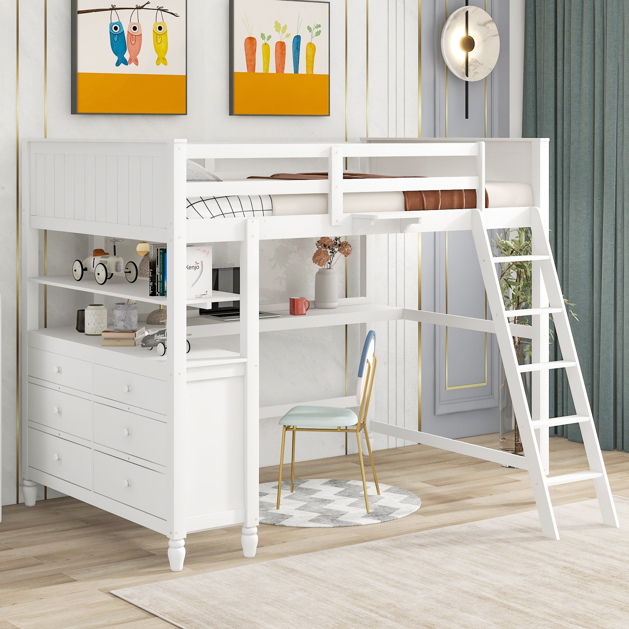 White Full Size Wooden Loft Bed w/ Desk, Drawers & Shelves