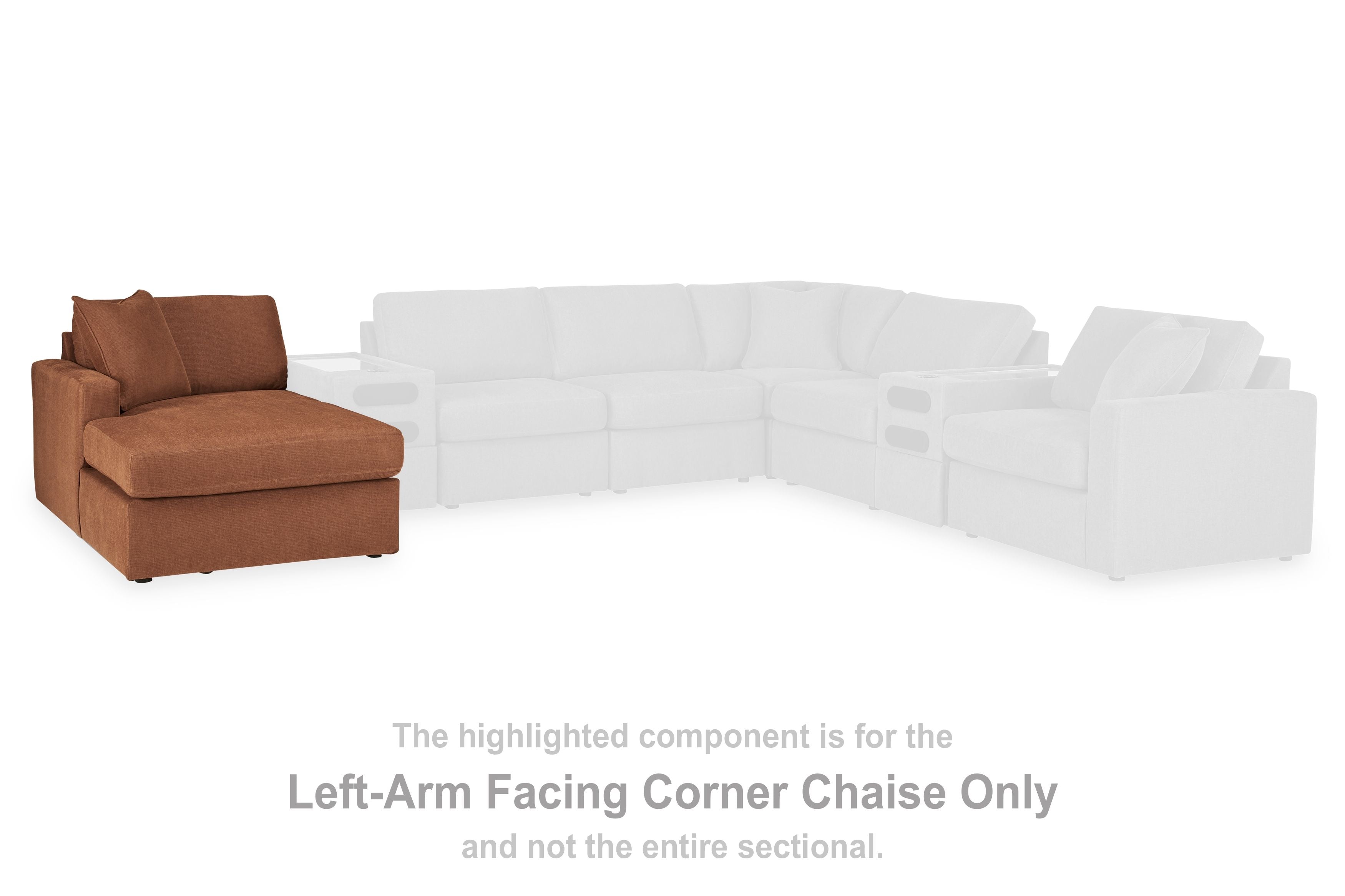 Left-arm facing corner chaise component only in spice brown fabric.