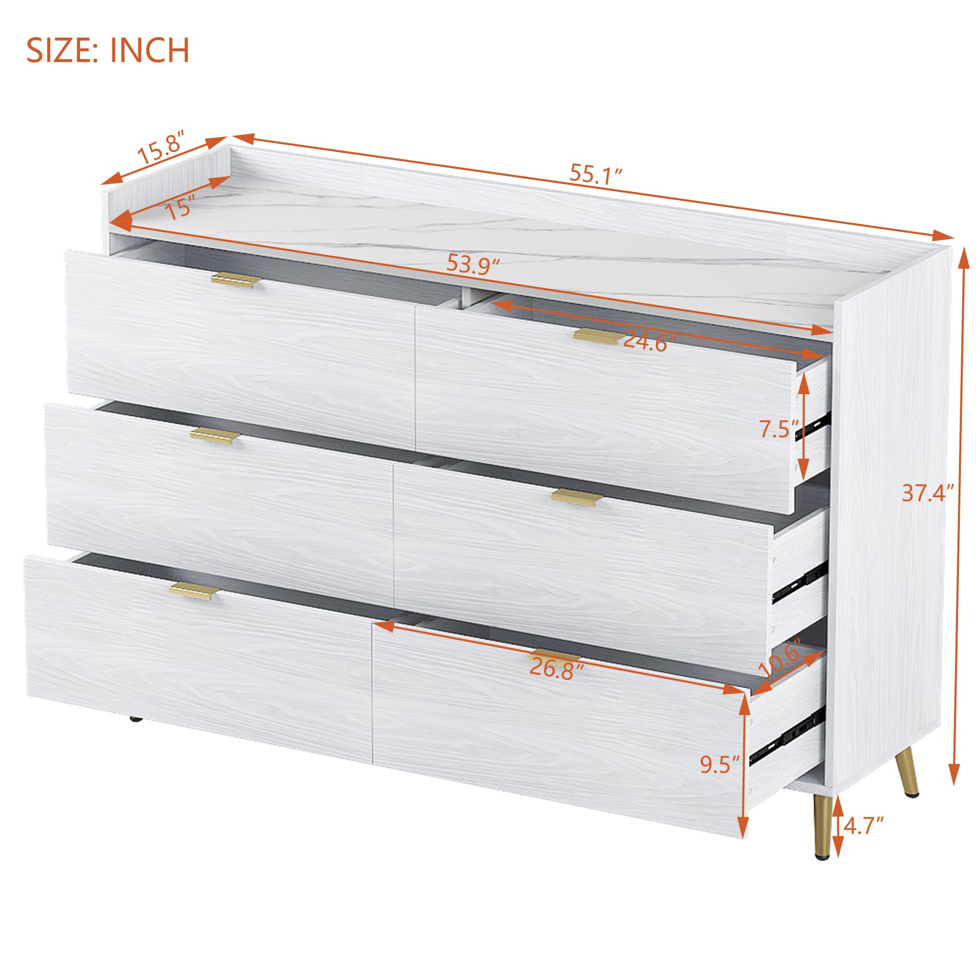 55" White Dresser with Marbling Top & Metal Legs