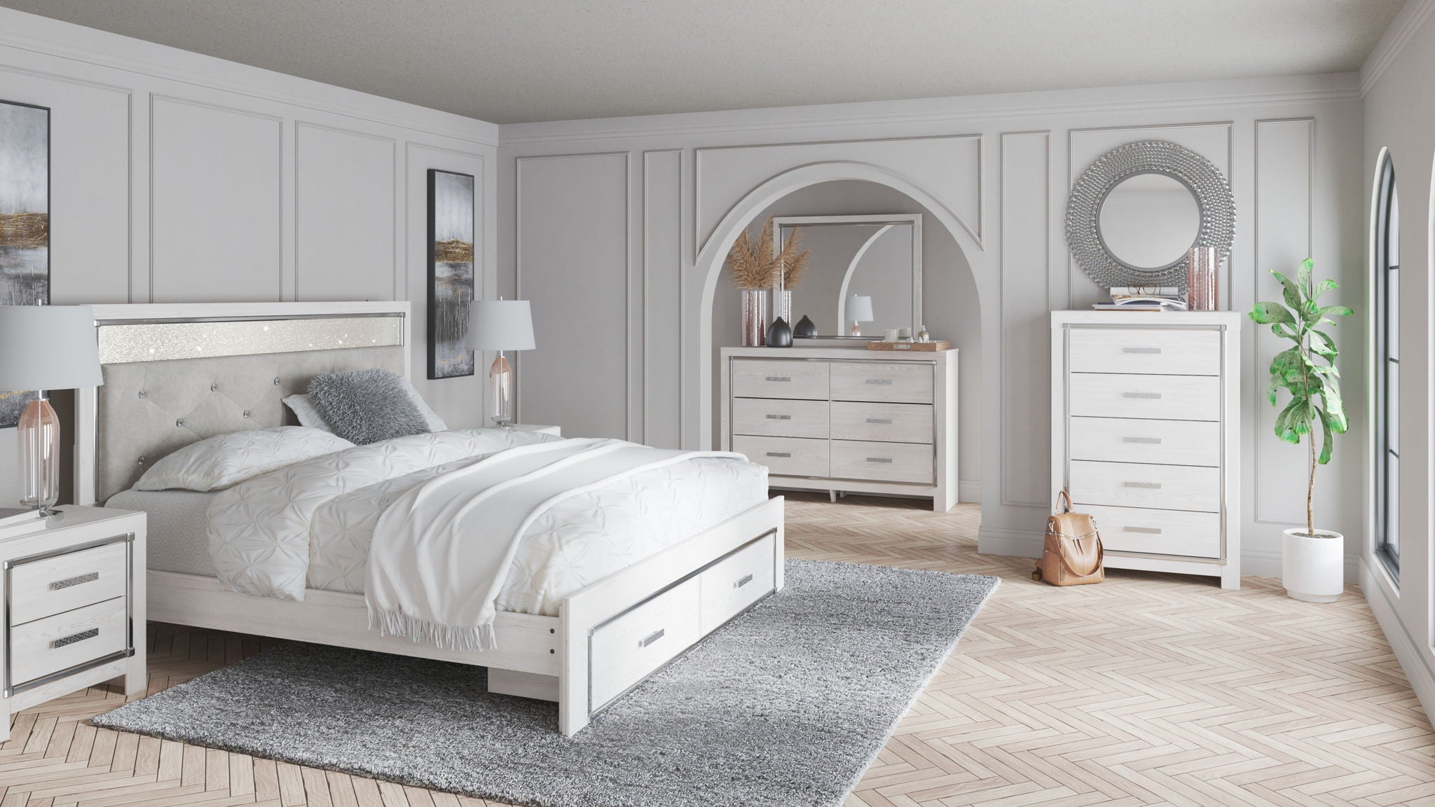 Upholstered storage bedroom set with bed frame, two nightstands, dresser, and mirror in white