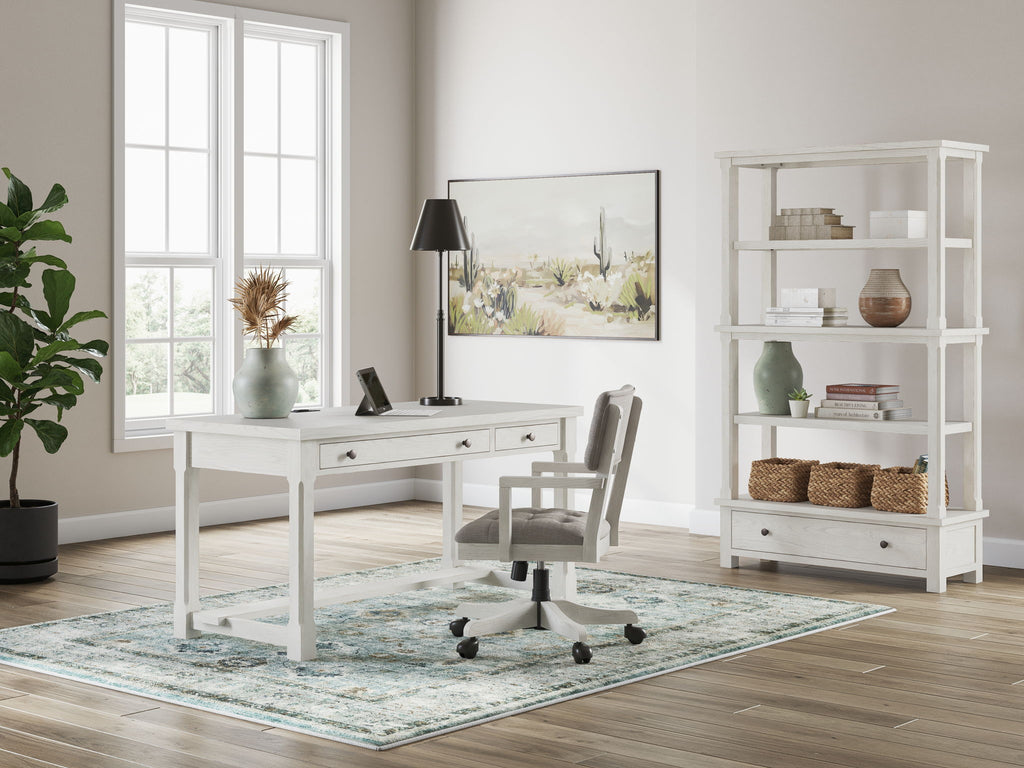 White home office desk set with chair and bookcase, plus lamp and decor