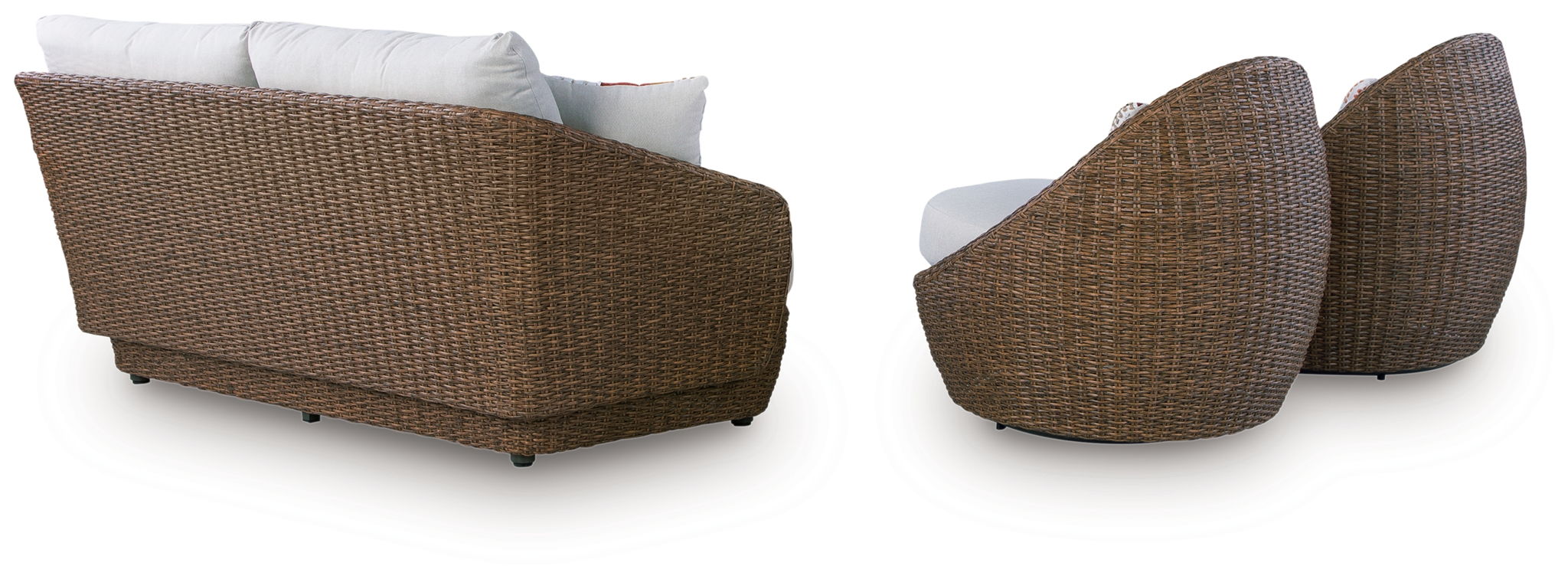 Loveseat and swivel chair set with beige wicker and white cushions, side view