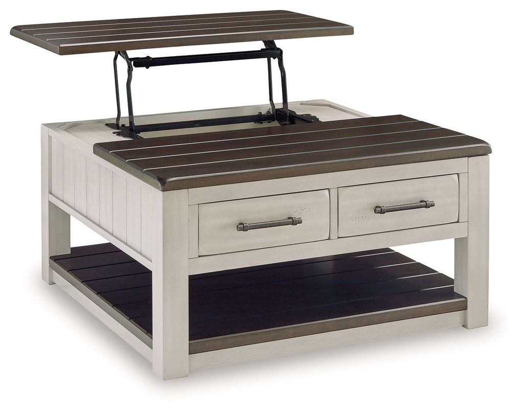Lift-top cocktail table showing lift mechanism, dark slatted top, two drawers, lower shelf