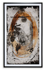 Framed vertical abstract wall art print with black, caramel, and tan paint marks