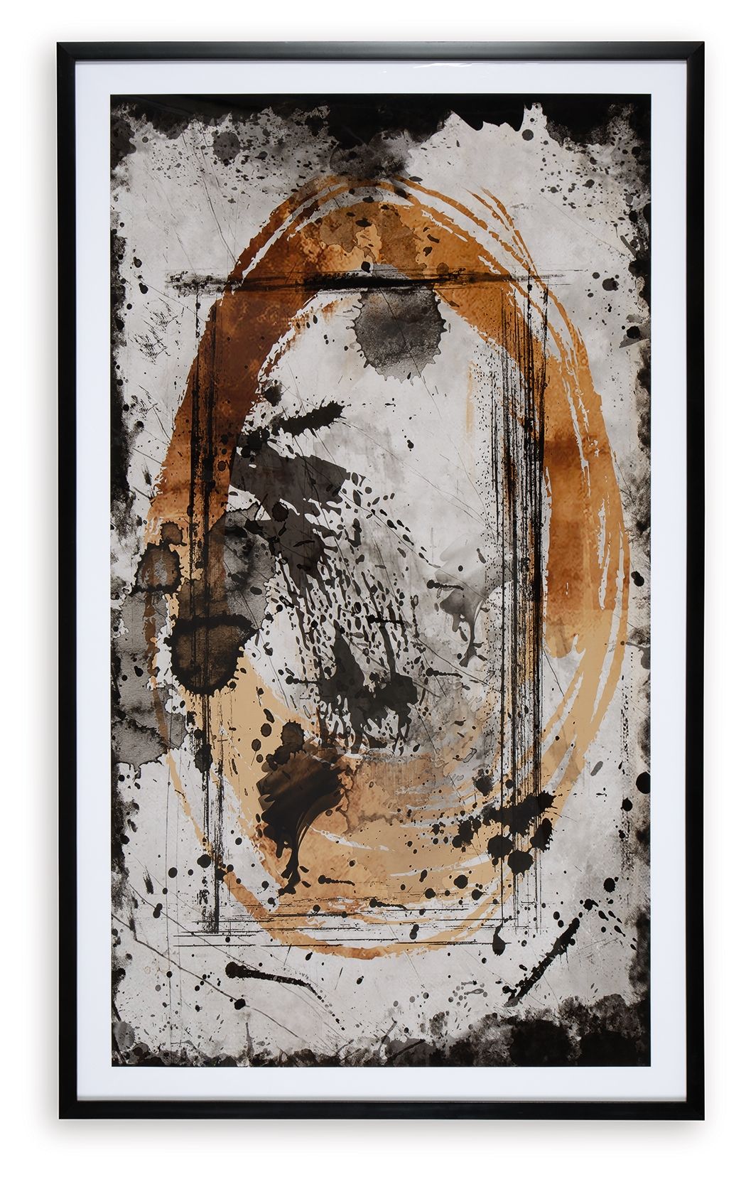 Framed vertical abstract wall art print with black, caramel, and tan paint marks