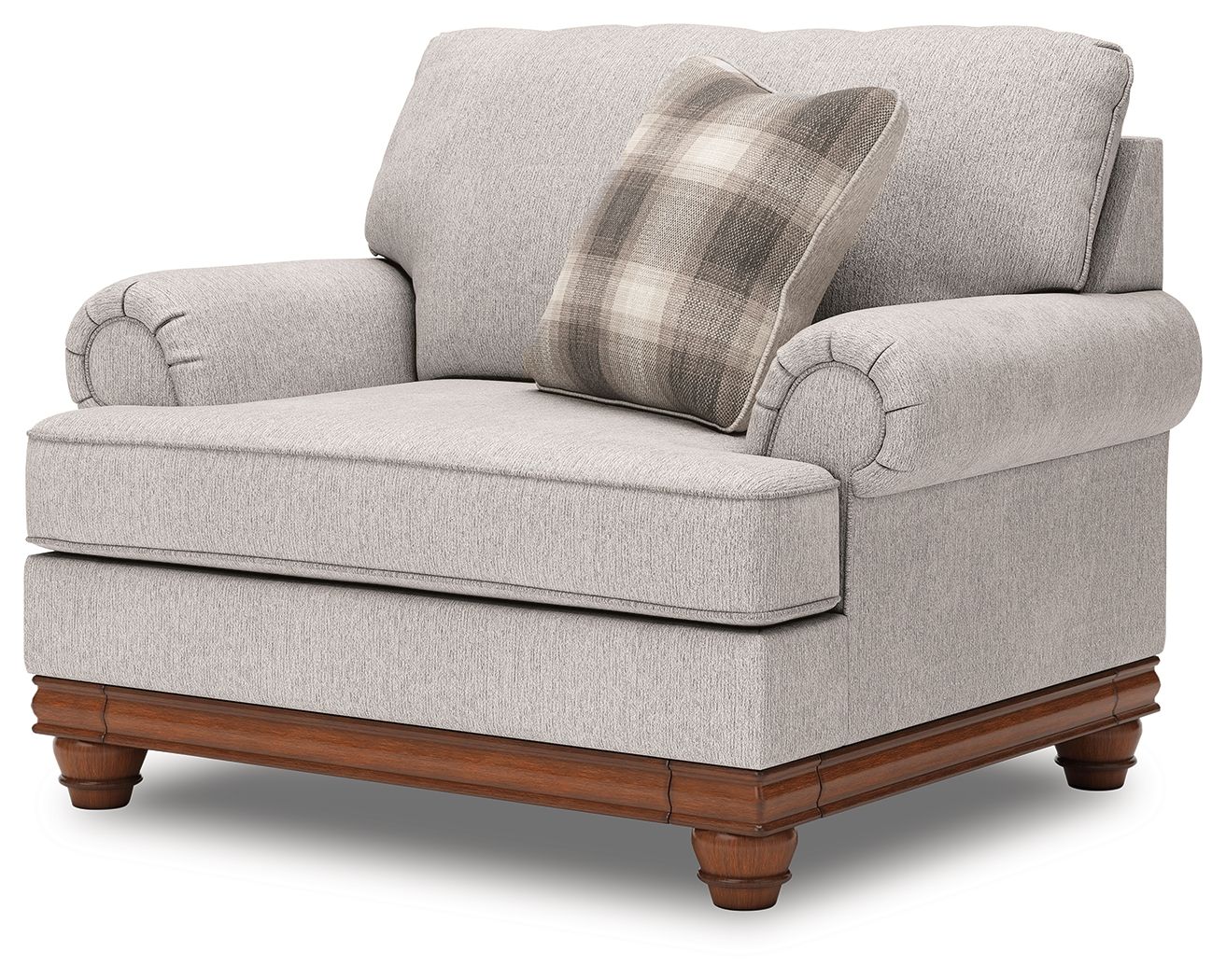 Sandstone light-gray chair and a half with plaid throw pillow and rolled arms