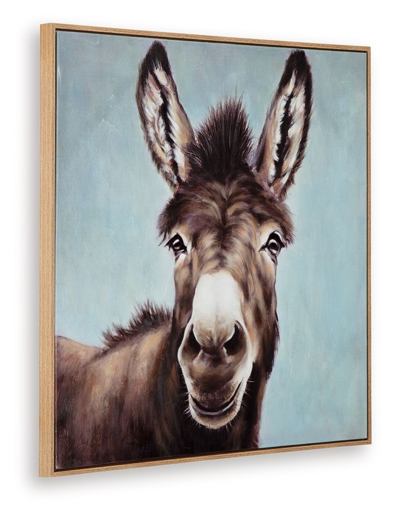 Framed donkey portrait wall art with brown fur and striped ears on blue