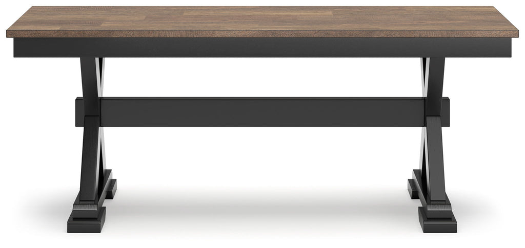 Dark brown bench with black end frames and two slats beneath.