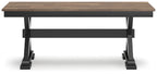 Dark brown bench with black end frames and two slats beneath.
