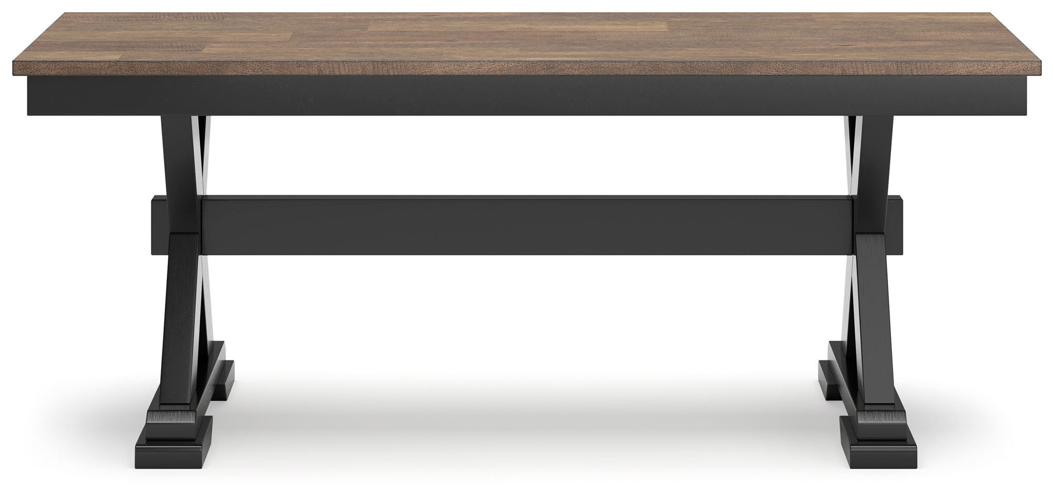 Dark brown bench with black end frames and two slats beneath.
