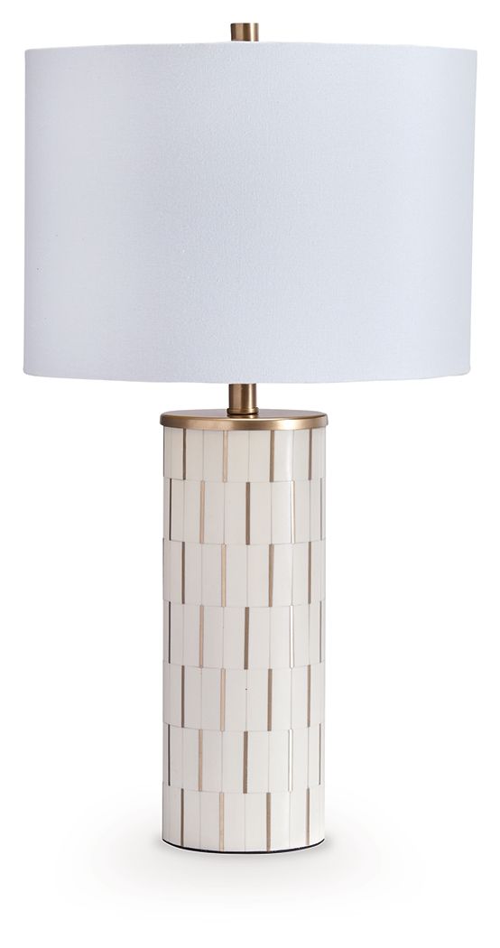 White poly table lamp with fabric shade and gold base, cylindrical ribbed design
