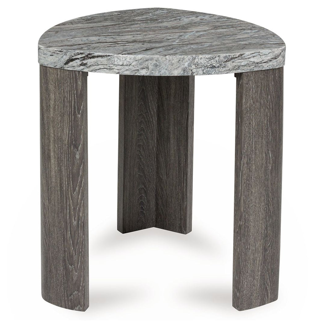 Gray marble-look triangle end table with flared dark wood legs and round top