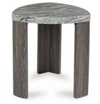 Gray marble-look triangle end table with flared dark wood legs and round top