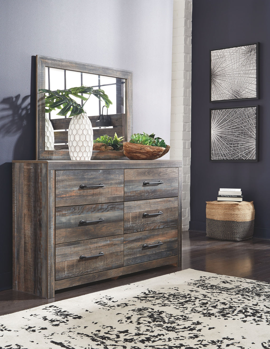 Wood dresser with mirror and 6 drawers, dark metal bar pulls, front view