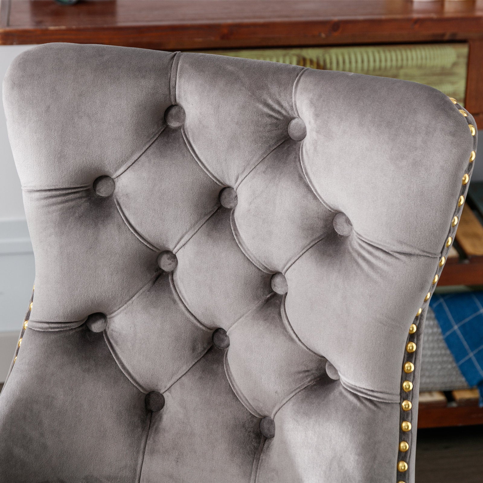 Velvet Tufted Office Chair w/ Gold Base- Gray