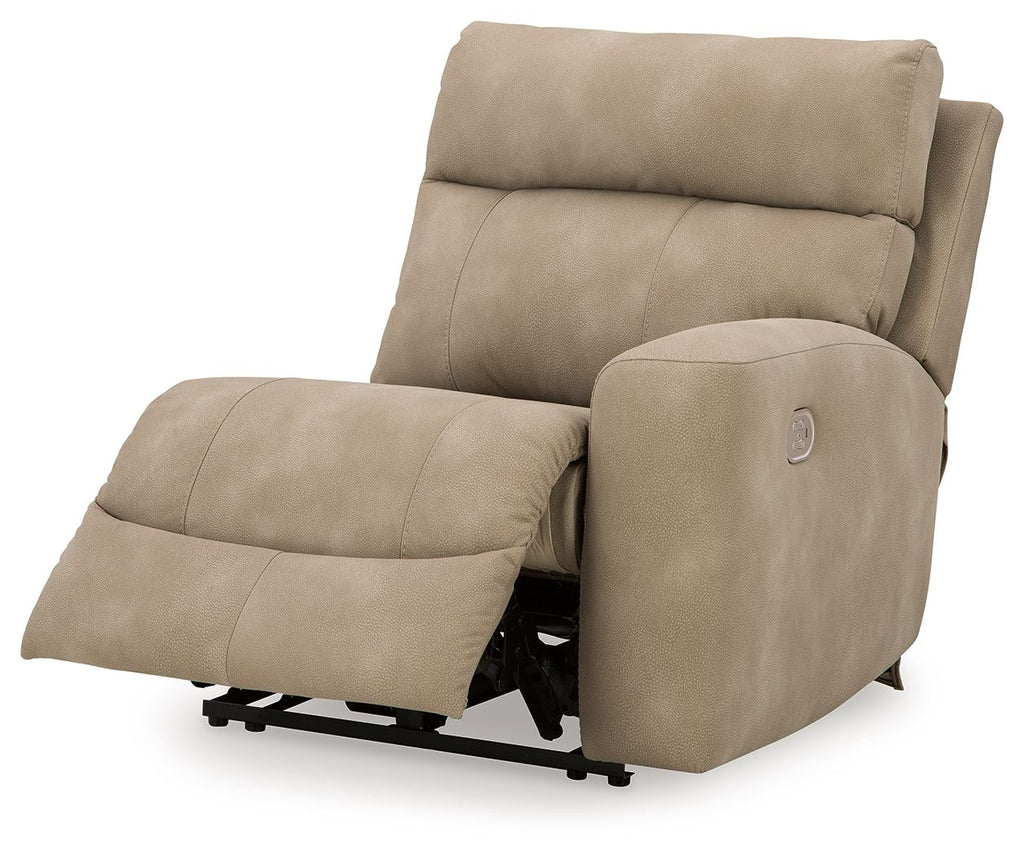 Sand fabric power recliner with raised legrest and cushioned back and arms