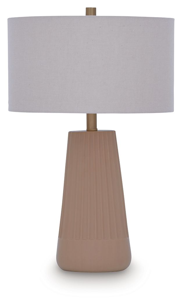 Mocha ceramic table lamp with beige fabric drum shade and brass-toned stem