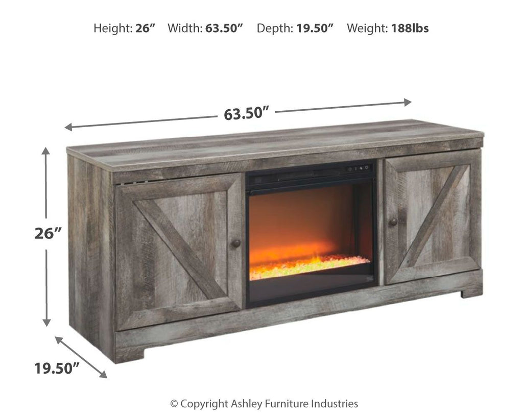 Gray TV stand fireplace insert with 63.50" width, 26" height, 19.50" depth