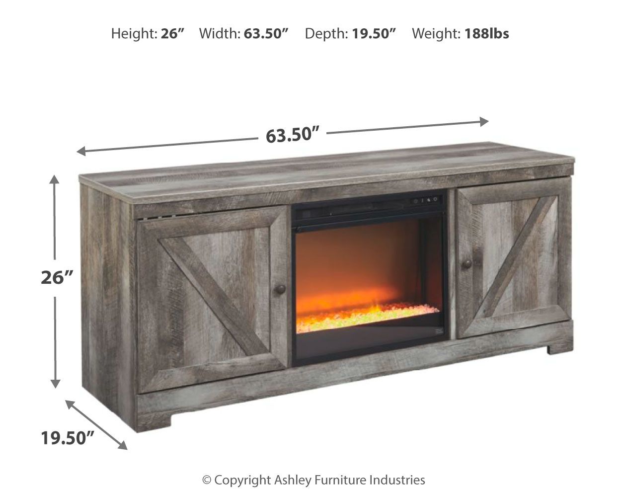 Gray TV stand fireplace insert with 63.50" width, 26" height, 19.50" depth