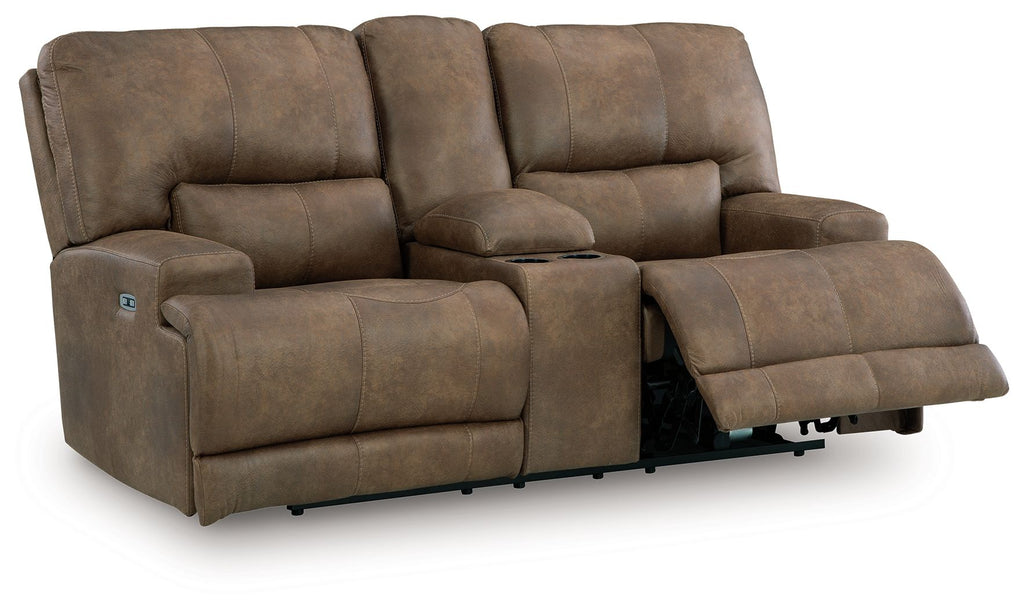 Earth-tone power reclining loveseat with adjustable headrests, center console, extended footrests