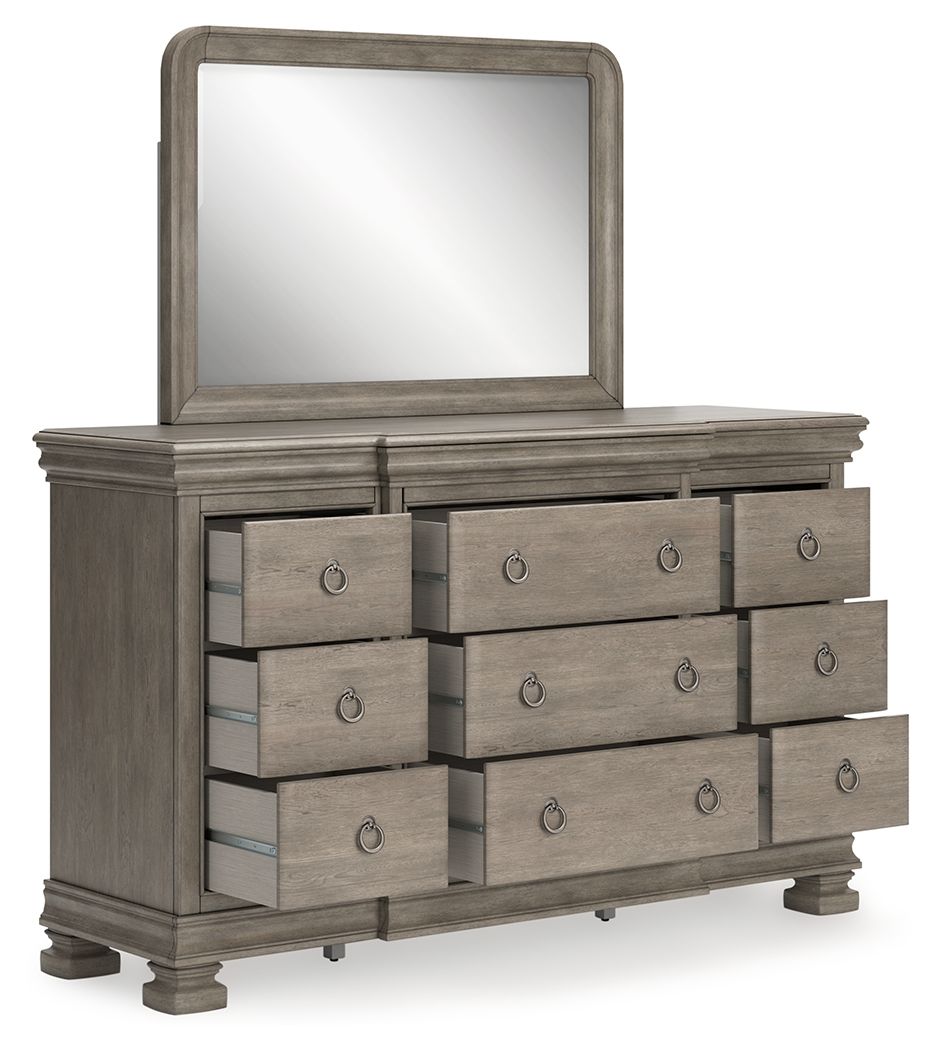 Gray dresser with tall mirror and six front drawers with oval pulls