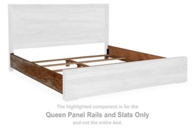 Queen bed panel rails and slats, brown wooden frame with white side panels