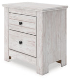 White two-drawer night stand with two drawers and black round knob pulls
