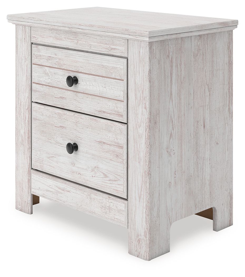 White two-drawer night stand with two drawers and black round knob pulls
