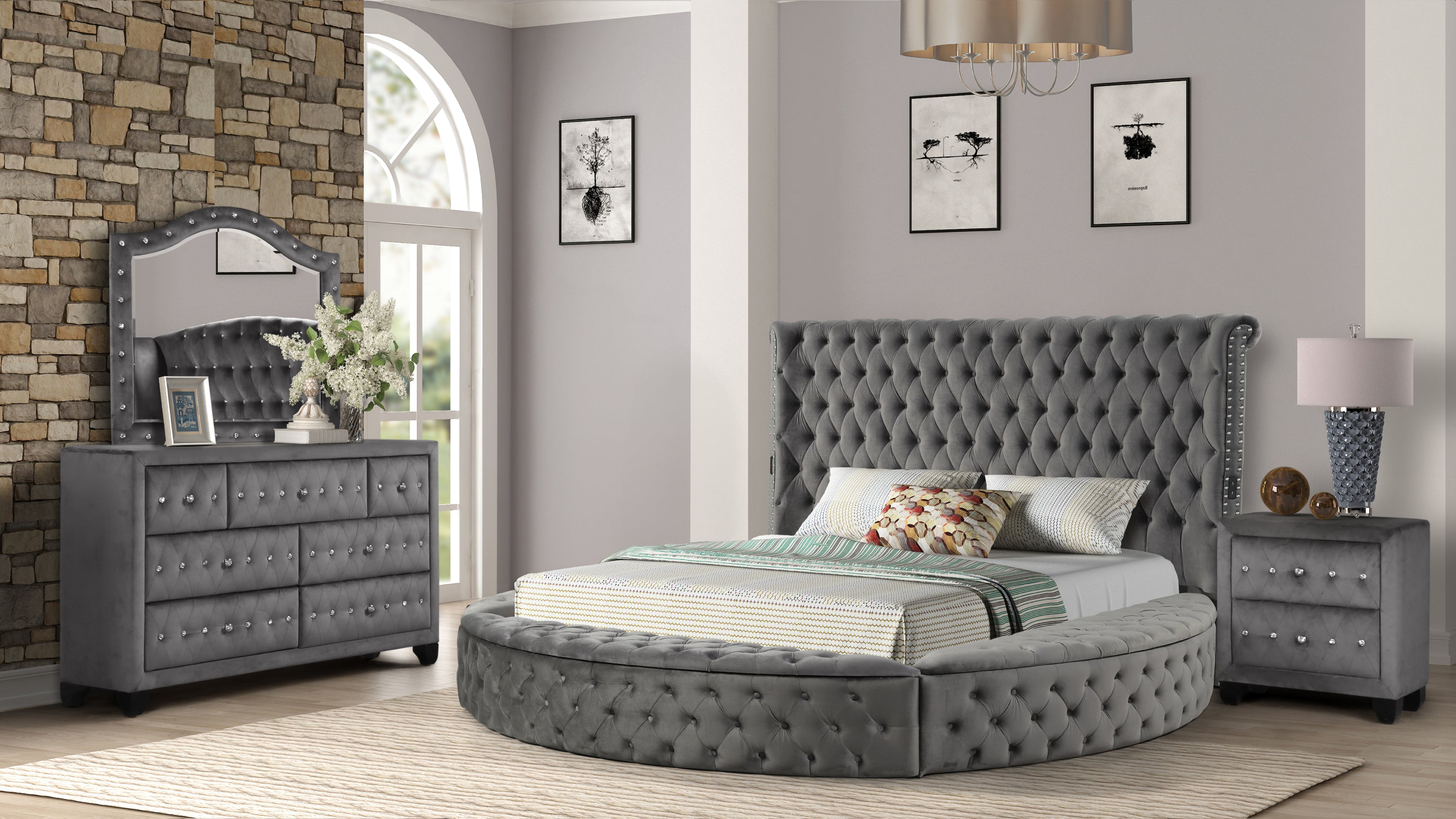 Hazel Queen 4 PC Tufted Gray Upholstery Wood Bedroom Set