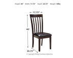 Dark brown upholstered dining chair with slat back and padded seat, front view