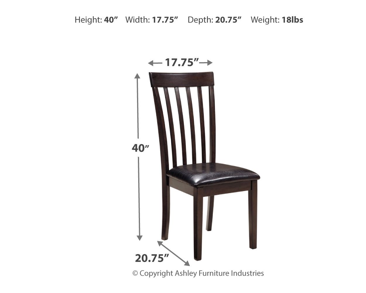 Dark brown upholstered dining chair with slat back and padded seat, front view