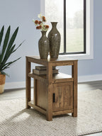 Chair side end table with open shelf and one-door cabinet, warm light brown wood, black handle.