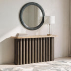 Rectangular dark brown table with fluted cylindrical base panels
