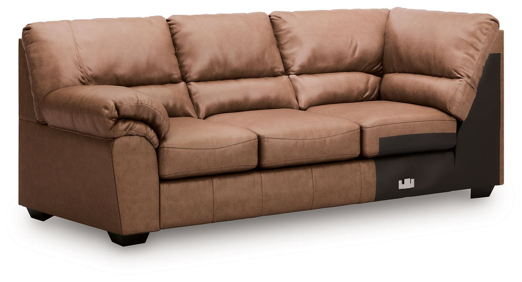 Caramel upholstered sofa with corner wedge, tufted cushions and rolled armrests