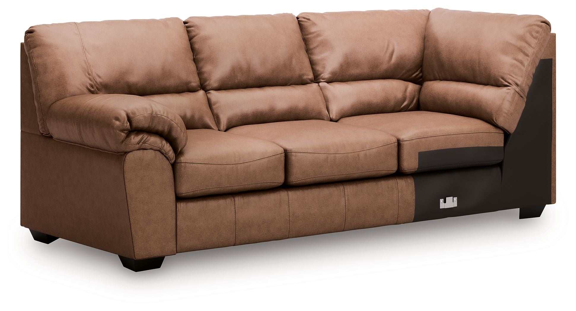 Caramel upholstered sofa with corner wedge, tufted cushions and rolled armrests