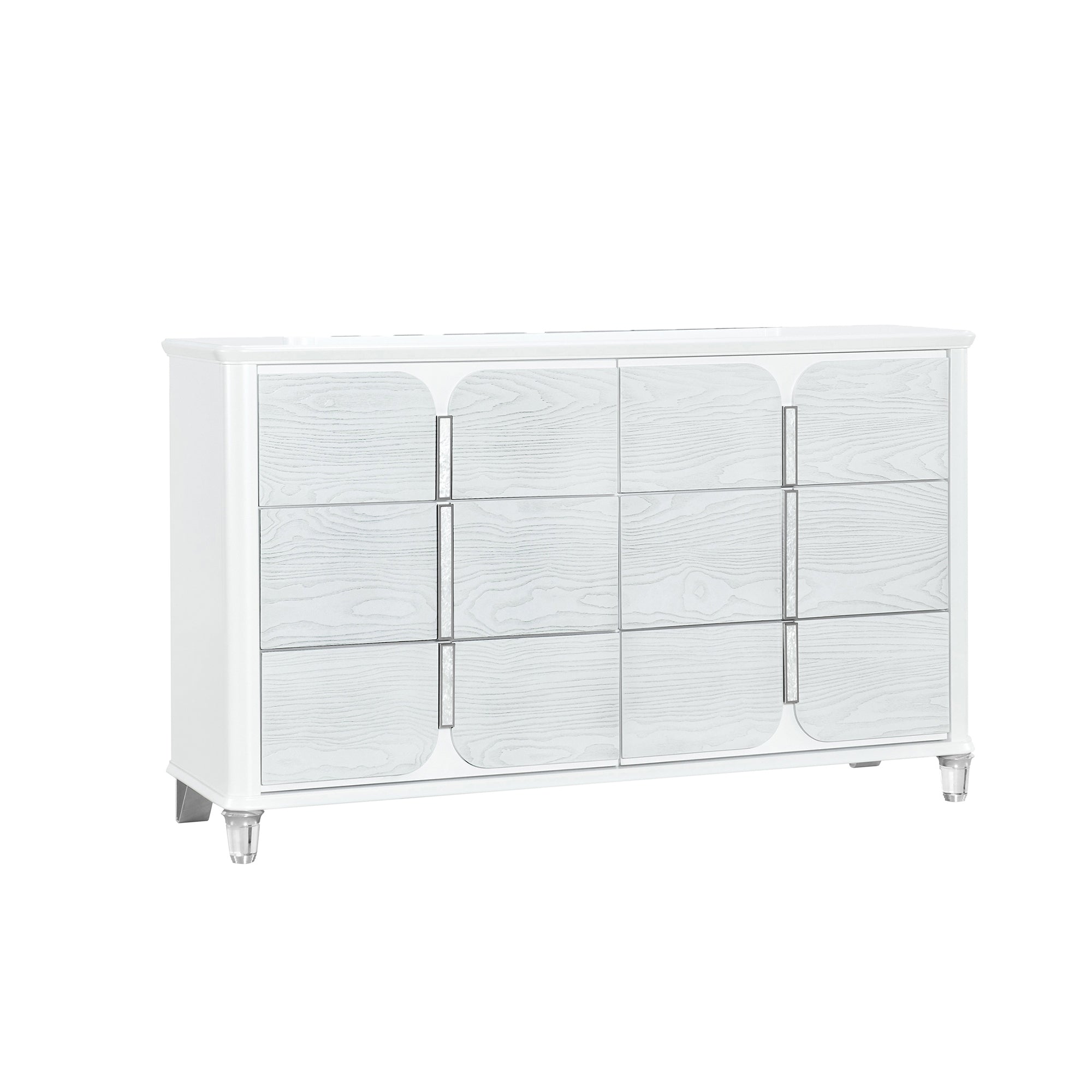 Brenda Grey Dresser: Spacious, Acrylic Legs, Silver Trim