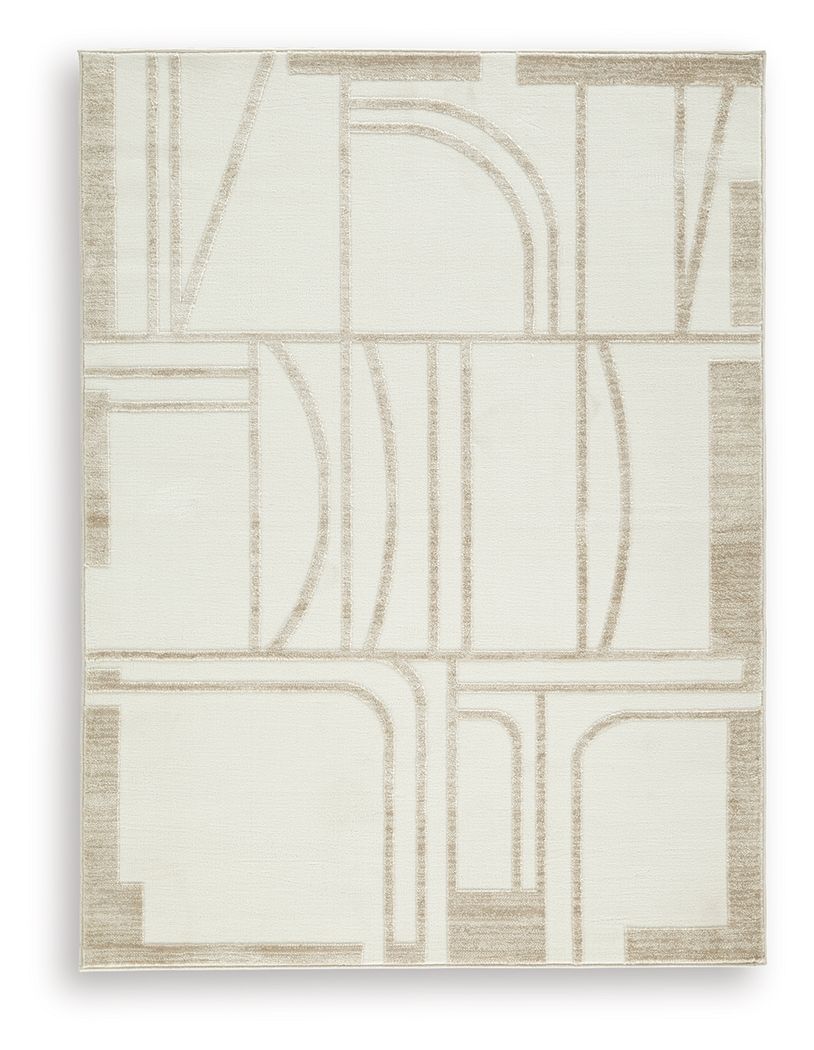 Beige area rug with abstract geometric blocks and arched line accents, flat weave