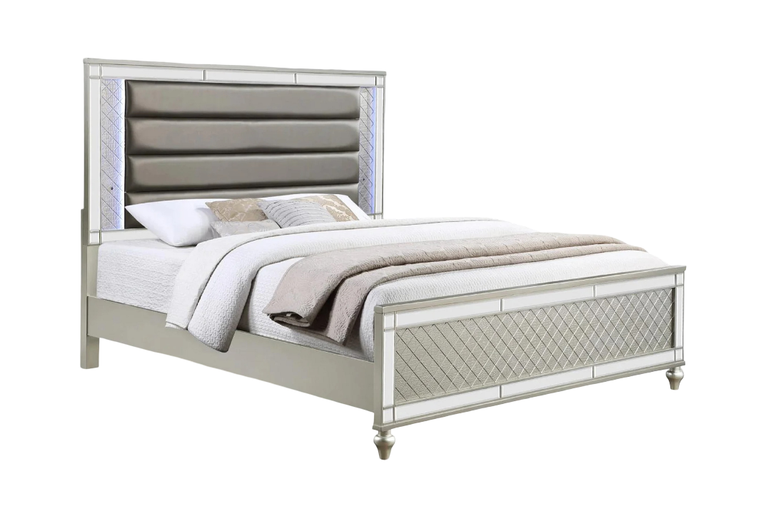 Modern Luxury Silver King Bed: Plush Tufted, Integrated LED Lighting