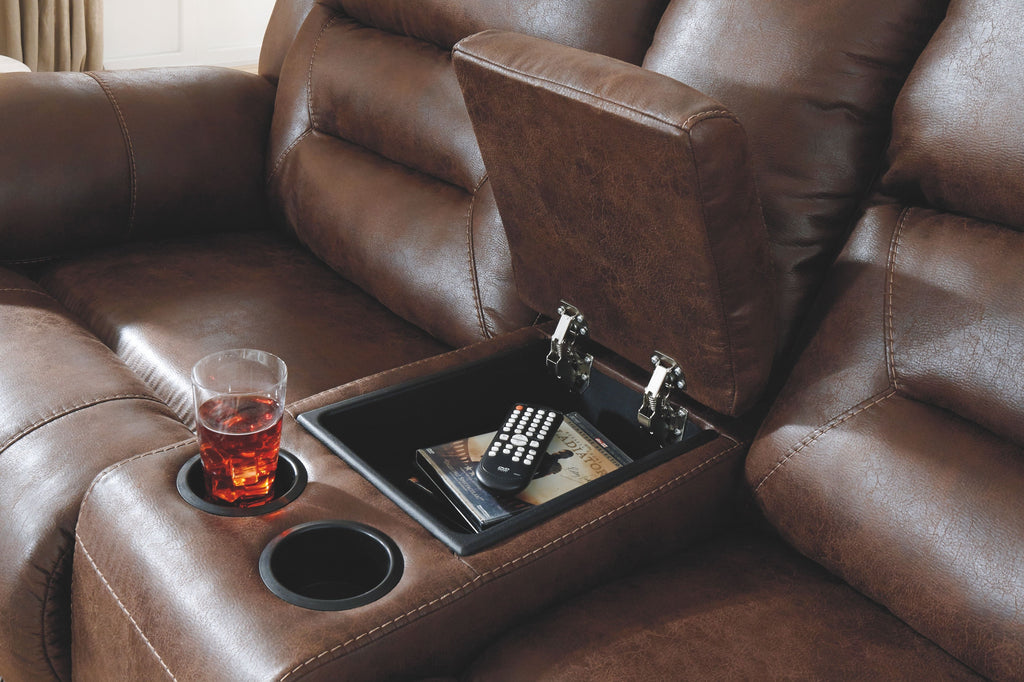 Brown recliner console with tray controls and two cup holders on the armrest