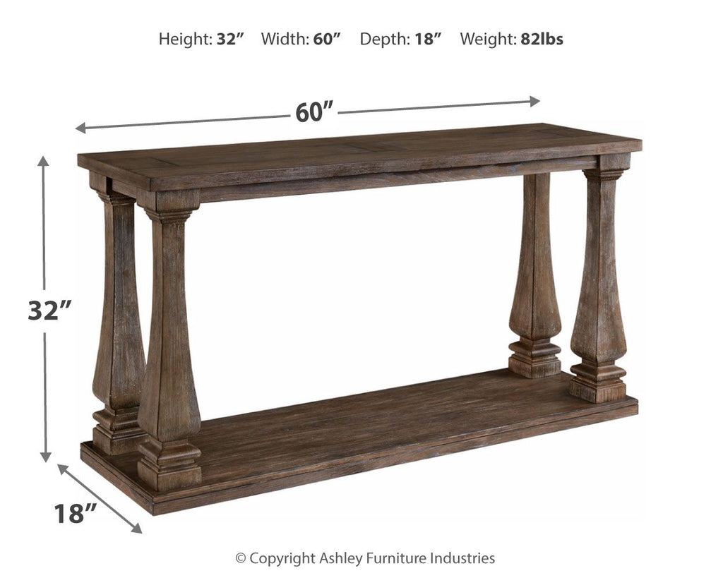 Gray sofa table with two-tier design and turned legs; 60 in wide, 32 in high
