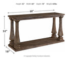 Gray sofa table with two-tier design and turned legs; 60 in wide, 32 in high