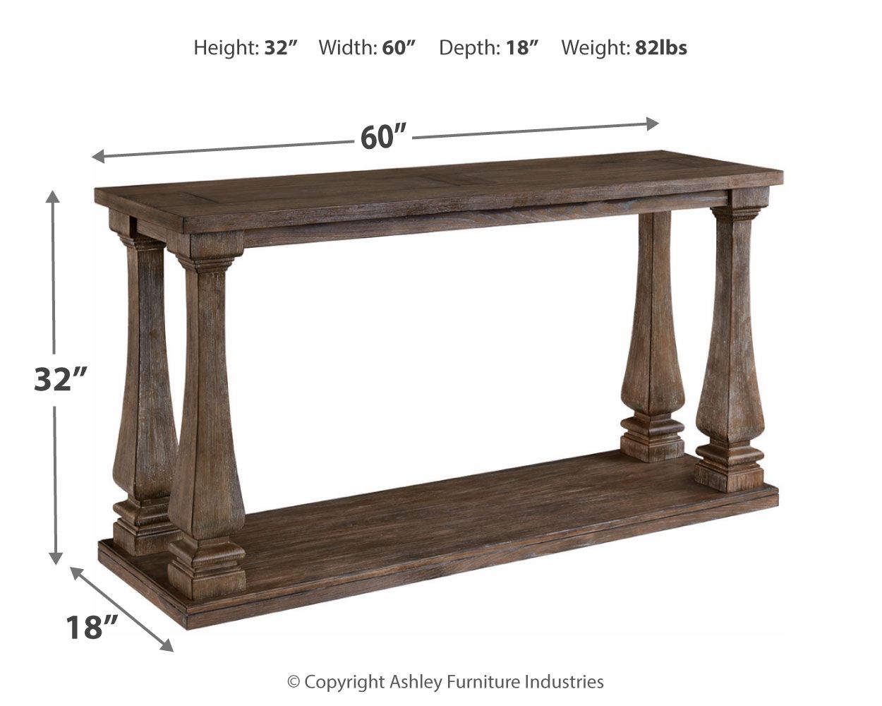 Gray sofa table with two-tier design and turned legs; 60 in wide, 32 in high