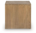 Light brown rectangular table with decorative row of cutouts on the top edge