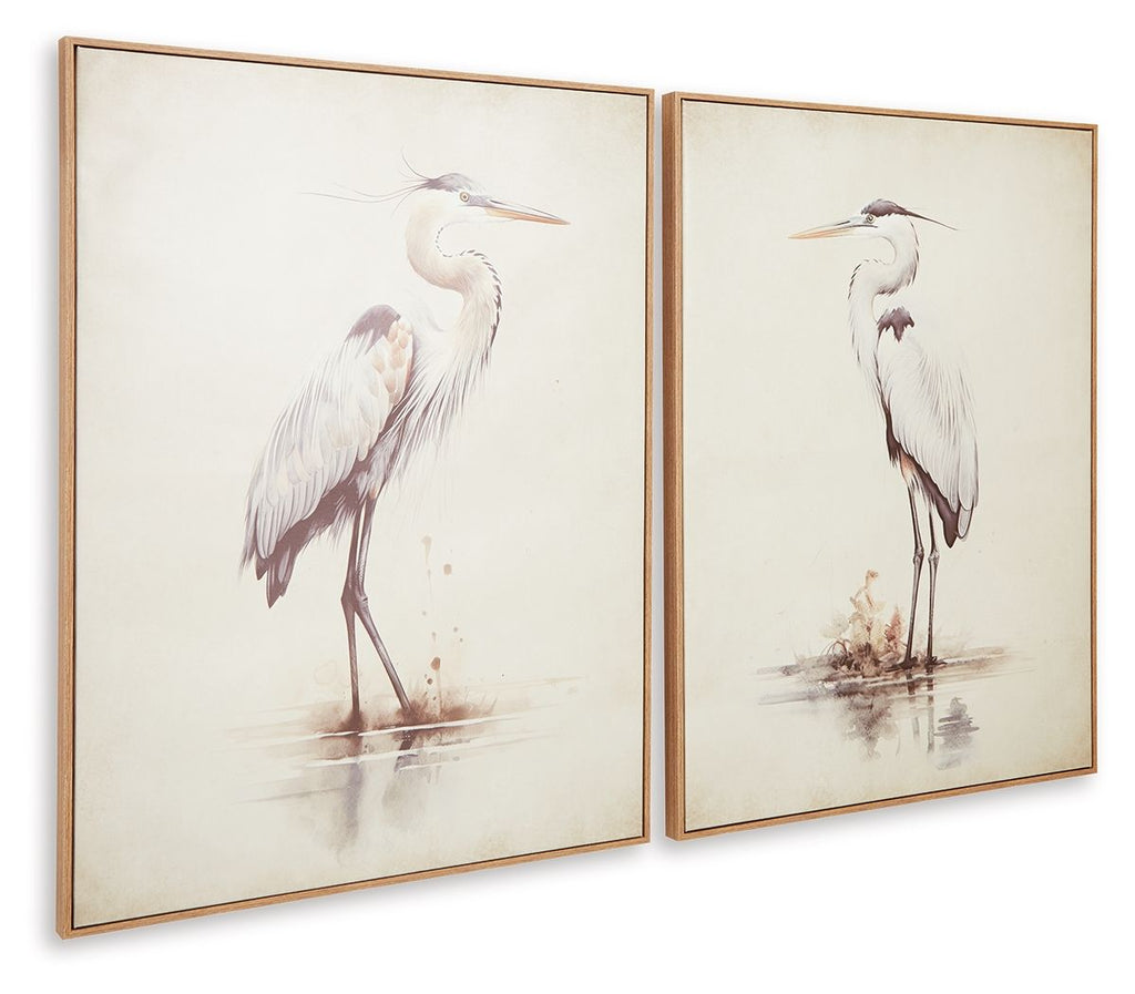 Beige framed bird wall art set of 2, close view of heron illustrations